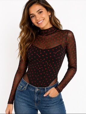 Black Sheer Bodysuit with Red Heart Print